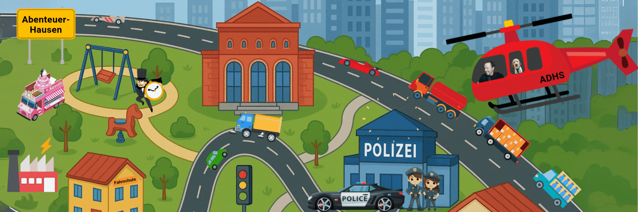 banner kinder kurs animiert rennauto polizei action